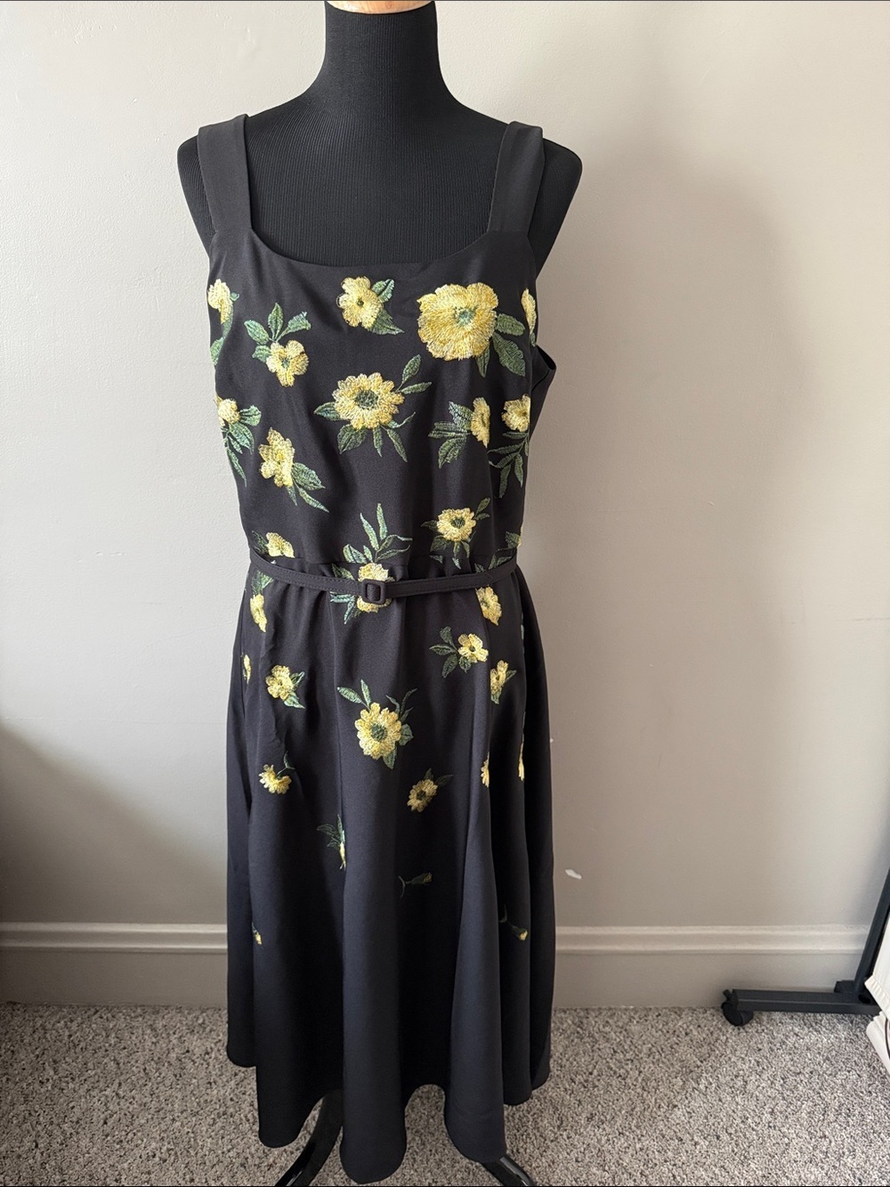 Anne Klein Black w Yellow & Green Floral Embroidered  A-Line Dress with Belt 14